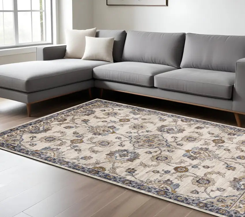 Ivory Charcoal and Navy Floral Power Loom Area Rug Photo 1