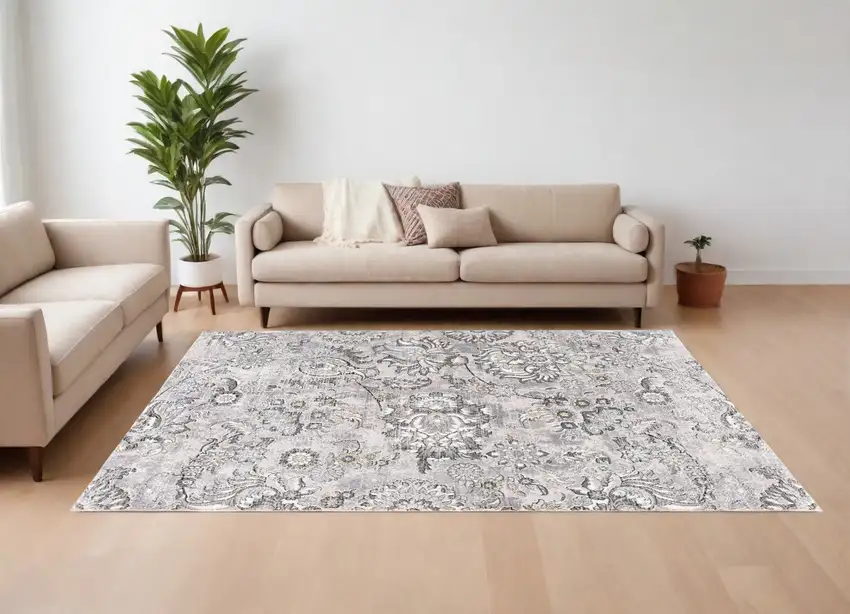 Gray and Ivory Floral Power Loom Area Rug Photo 5