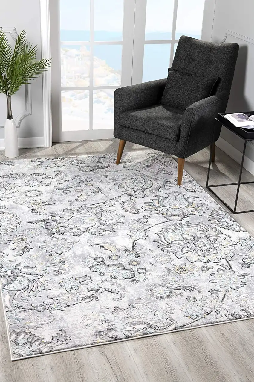 Gray and Ivory Floral Power Loom Area Rug Photo 4