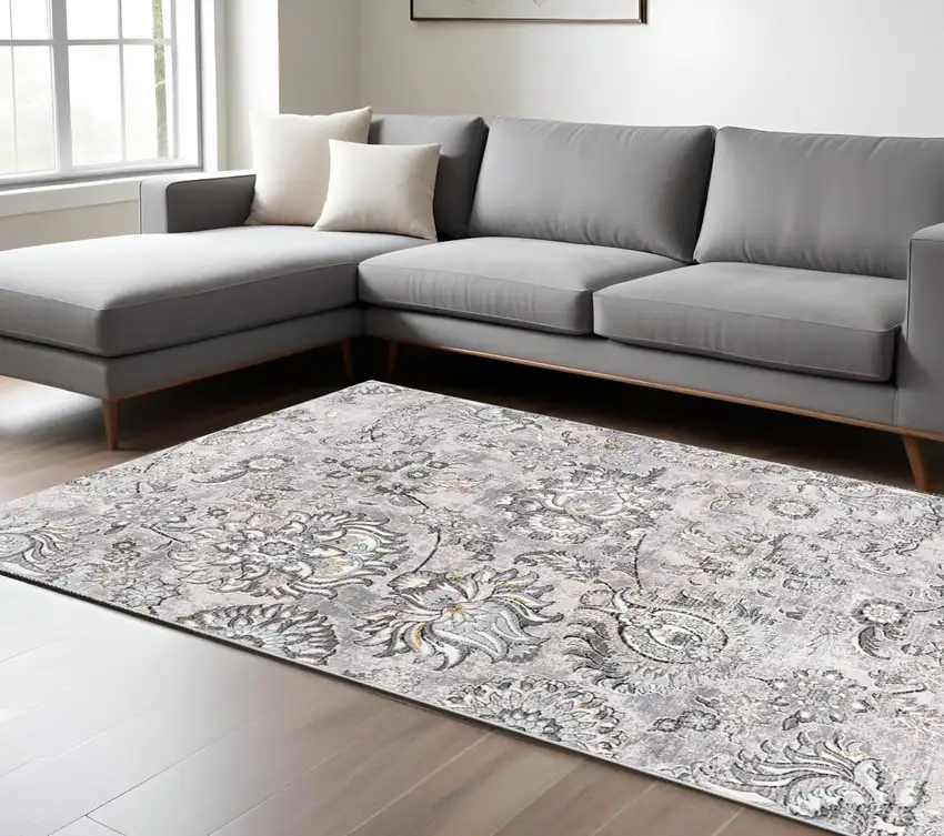 Gray and Ivory Floral Power Loom Area Rug Photo 1