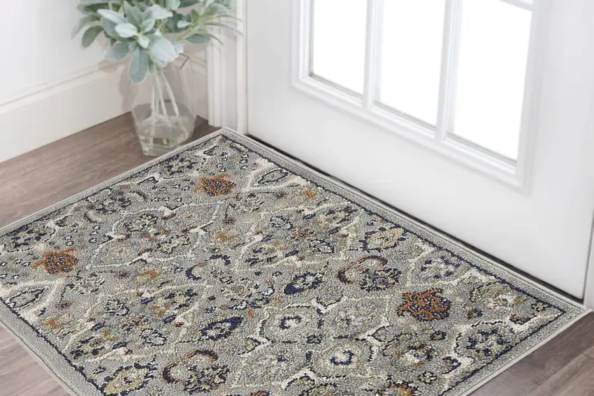 Gray and Ivory Floral Power Loom Area Rug Photo 1