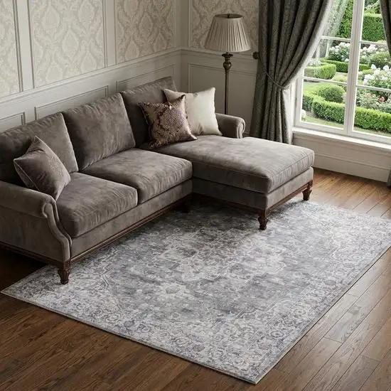 Gray and Ivory Floral Power Loom Distressed Washable Area Rug Photo 1