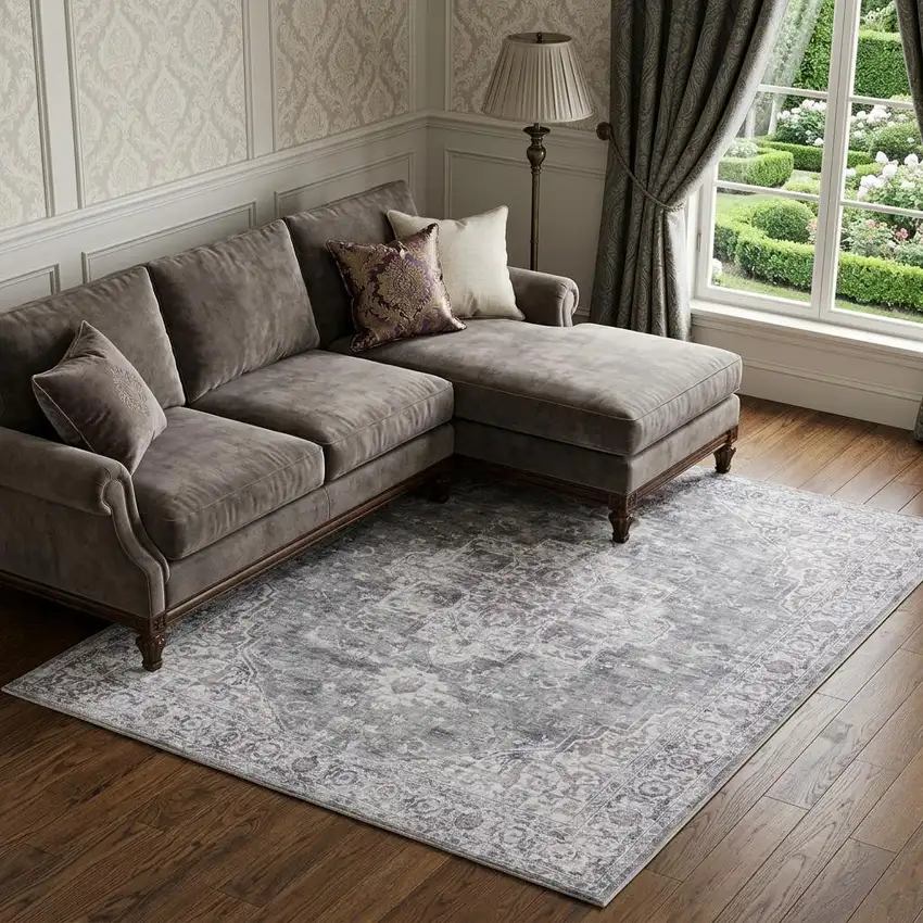 Gray and Ivory Floral Power Loom Distressed Washable Area Rug Photo 1