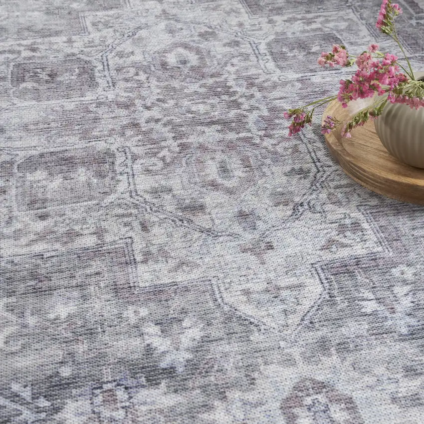 Gray and Ivory Floral Power Loom Distressed Washable Area Rug Photo 5