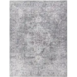 Photo of Gray and Ivory Floral Power Loom Distressed Washable Area Rug