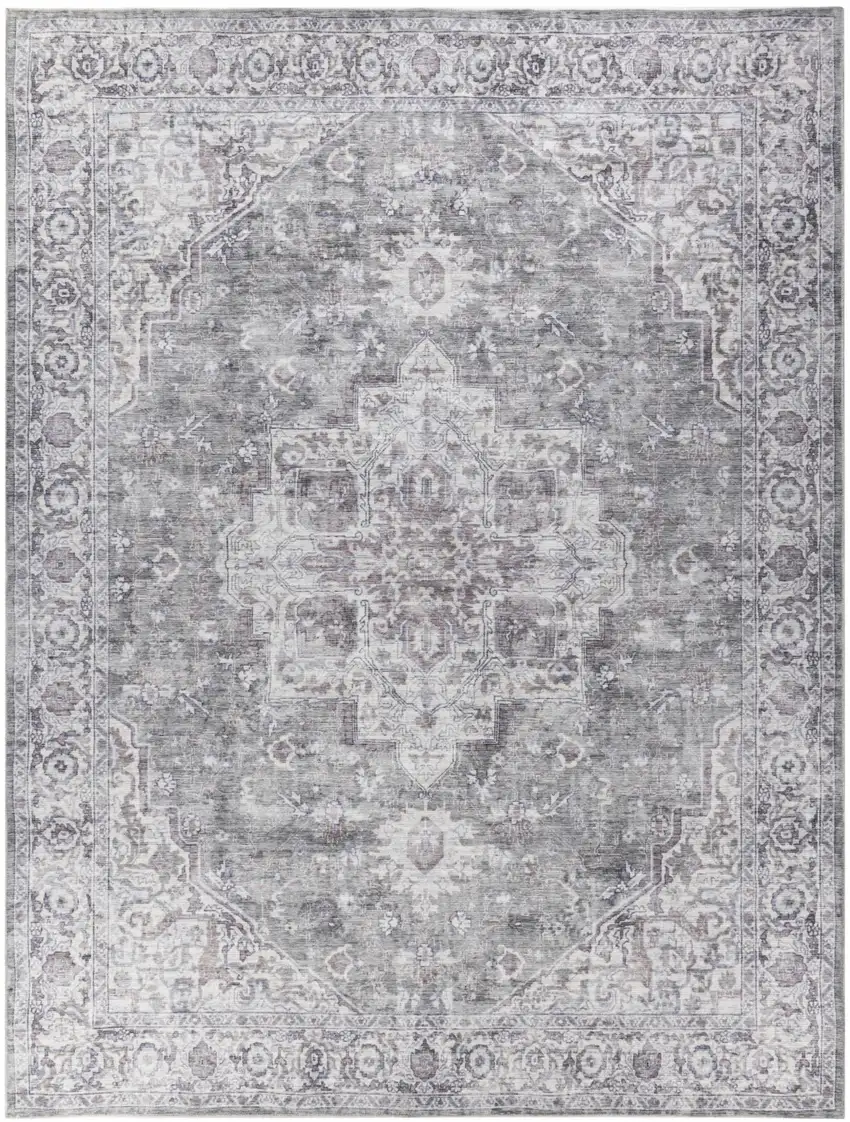 Gray and Ivory Floral Power Loom Distressed Washable Area Rug Photo 1