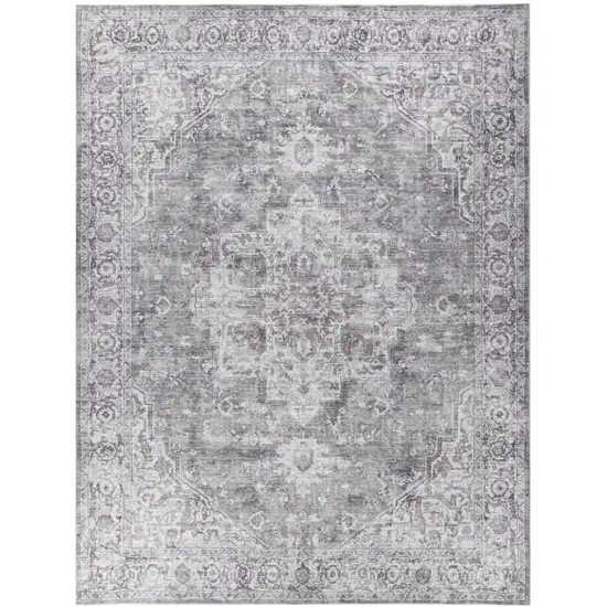 Gray and Ivory Floral Power Loom Distressed Washable Area Rug Photo 2