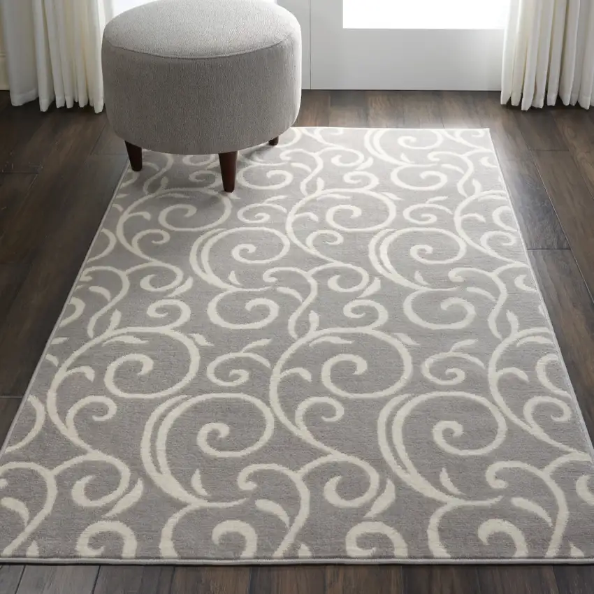Gray and Ivory Floral Vines Power Loom Area Rug Photo 5