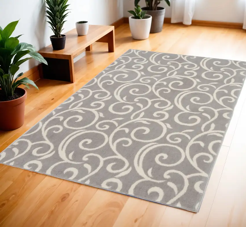 Gray and Ivory Floral Vines Power Loom Area Rug Photo 1