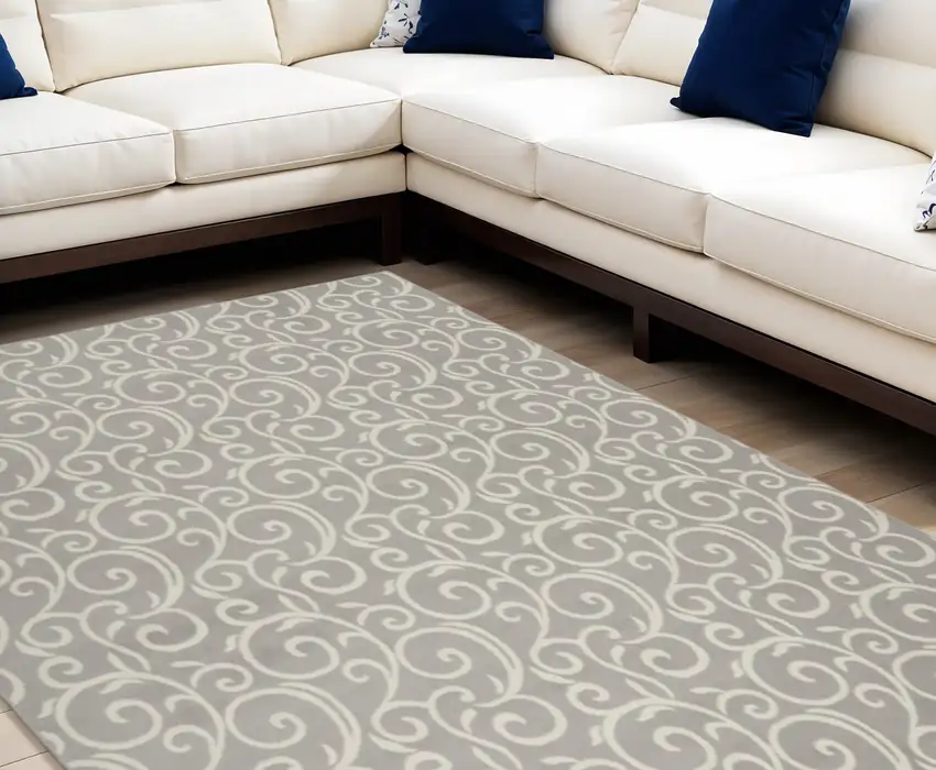 Gray and Ivory Floral Vines Power Loom Area Rug Photo 1