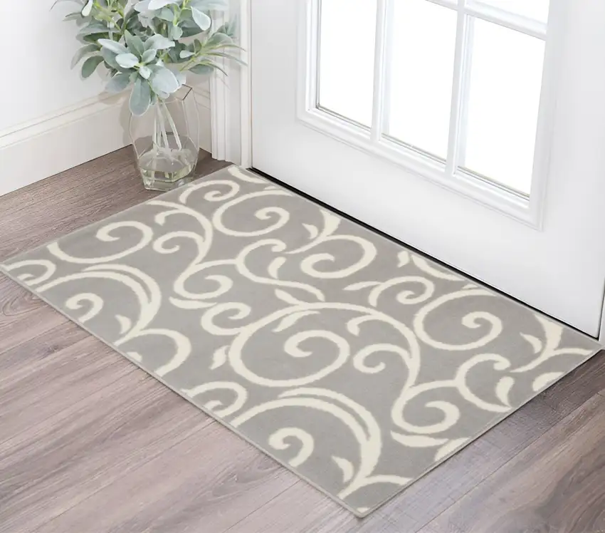 Gray and Ivory Floral Vines Power Loom Area Rug Photo 1