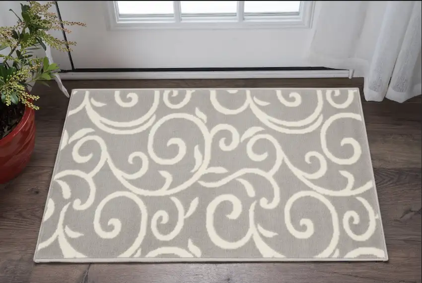 Gray and Ivory Floral Vines Power Loom Area Rug Photo 2