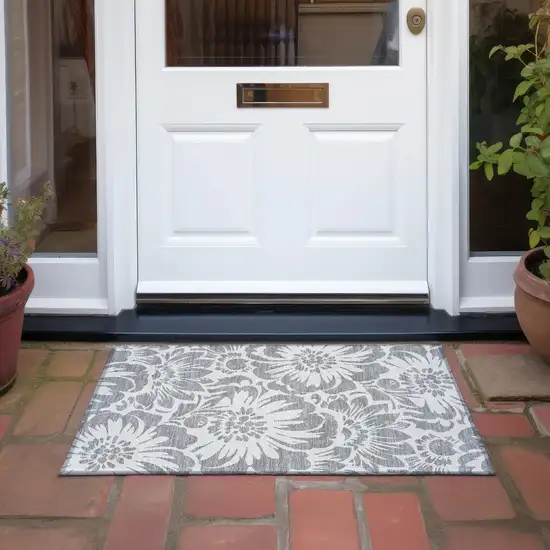 Gray and Ivory Floral Washable Non Skid Indoor Outdoor Area Rug Photo 8