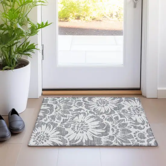 Gray and Ivory Floral Washable Non Skid Indoor Outdoor Area Rug Photo 9