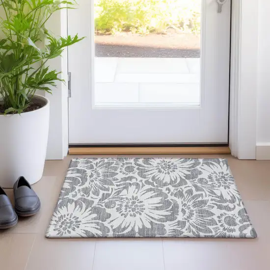 Gray and Ivory Floral Washable Non Skid Indoor Outdoor Area Rug Photo 9