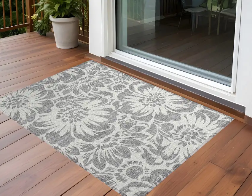 Gray and Ivory Floral Washable Non Skid Indoor Outdoor Area Rug Photo 1