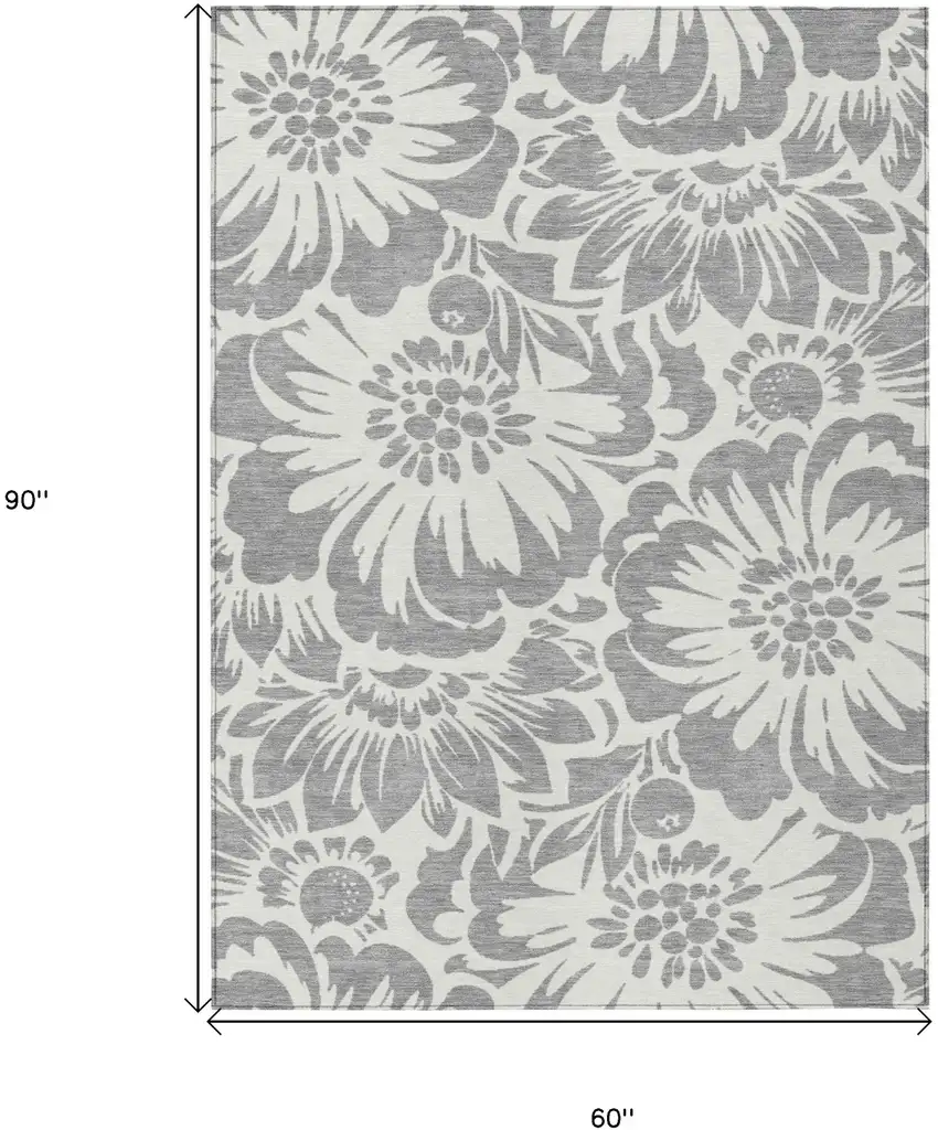 Gray and Ivory Floral Washable Non Skid Indoor Outdoor Area Rug Photo 3