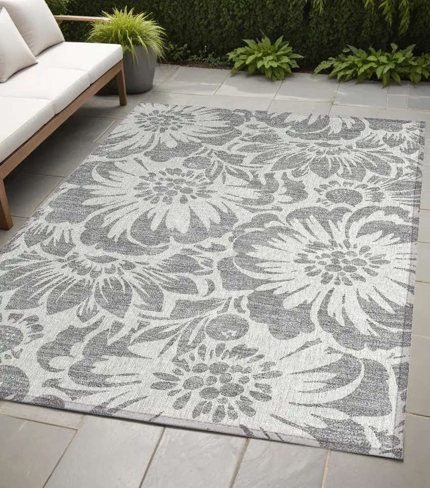Gray and Ivory Floral Washable Non Skid Indoor Outdoor Area Rug Photo 1