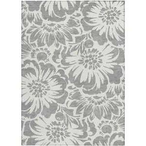 Photo of Gray and Ivory Floral Washable Non Skid Indoor Outdoor Area Rug