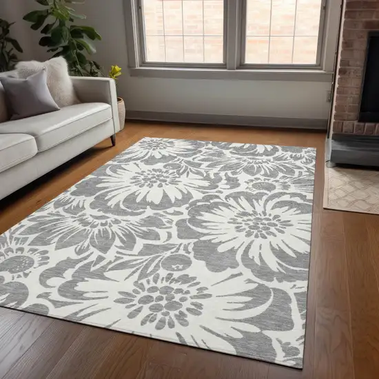 Gray and Ivory Floral Washable Non Skid Indoor Outdoor Area Rug Photo 9