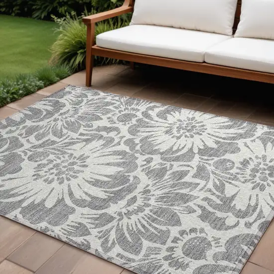 Gray and Ivory Floral Washable Non Skid Indoor Outdoor Area Rug Photo 1