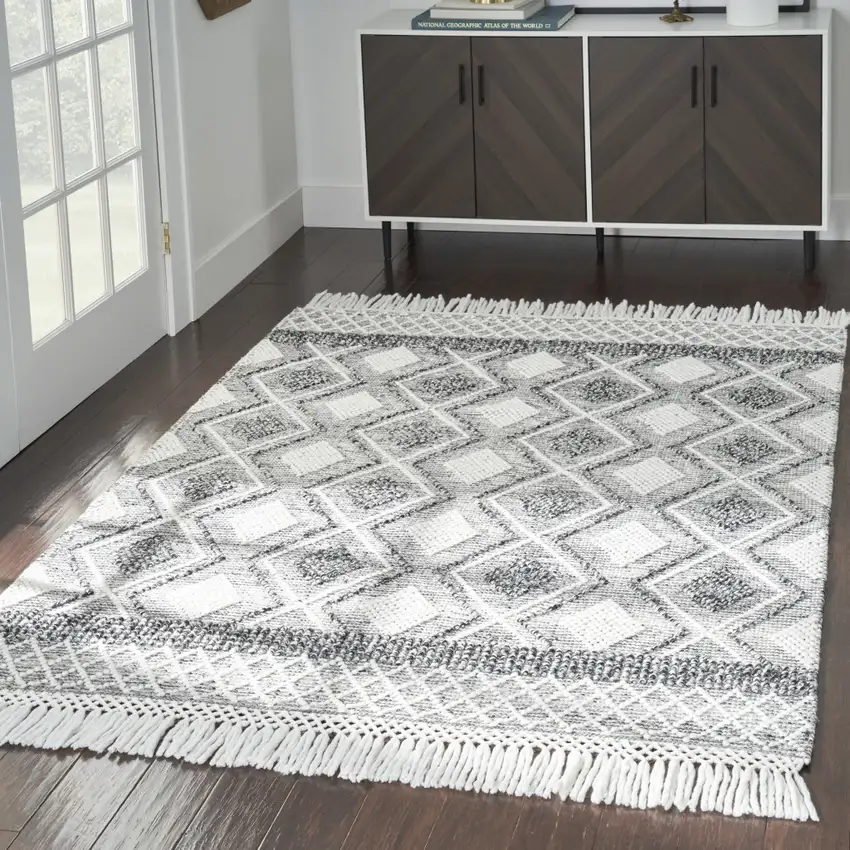 Teal Ivory And Gray Floral Medallion Flatweave Handmade Area Rug With Fringe Photo 5