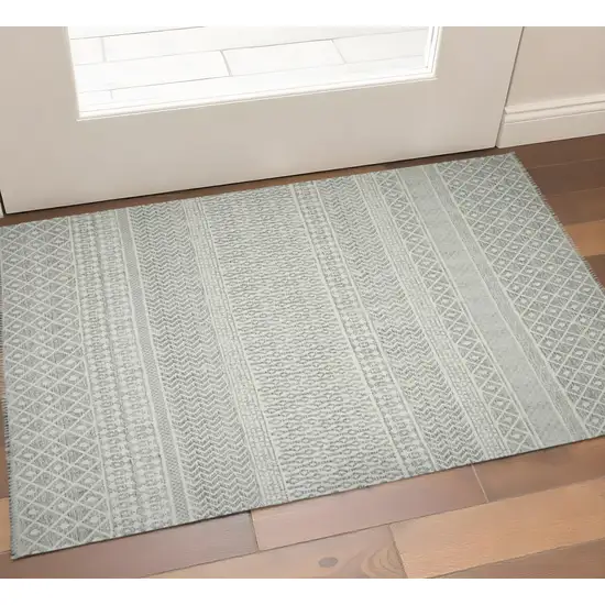 Gray And Ivory Geometric Flatweave Handmade Distressed Area Rug With Fringe Photo 1