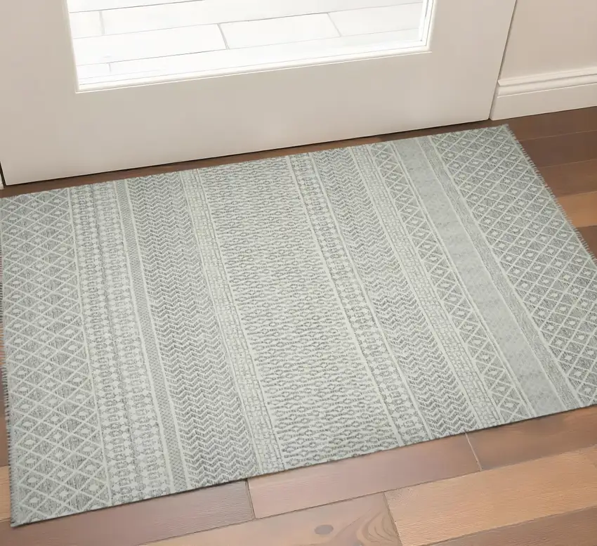 Gray And Ivory Geometric Flatweave Handmade Distressed Area Rug With Fringe Photo 1