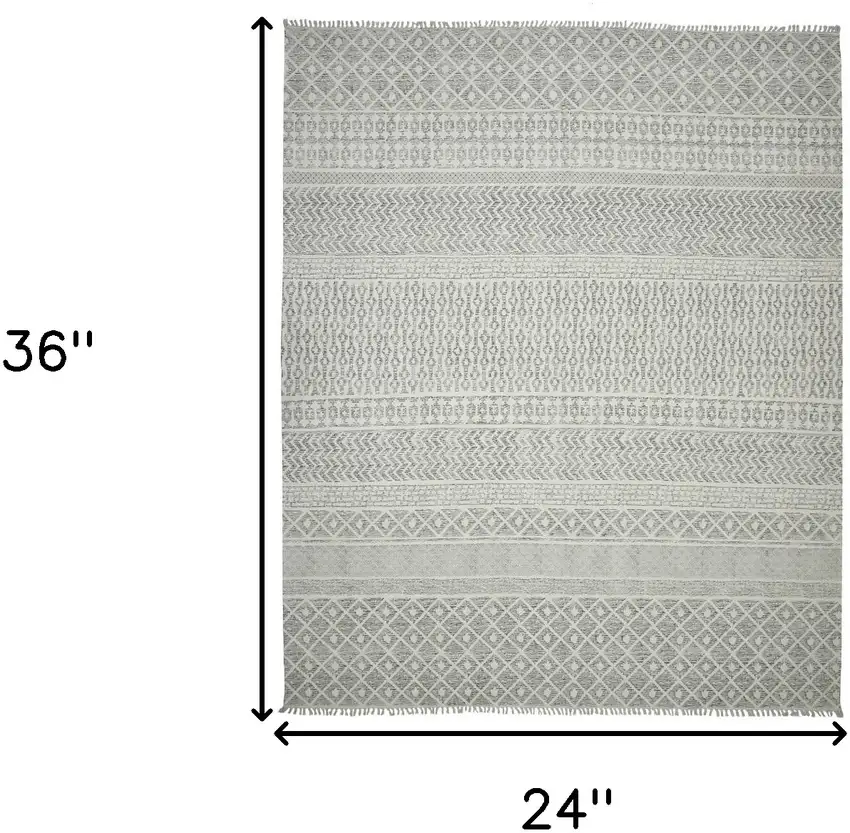 Gray and Ivory Geometric Flatweave Handmade Distressed Area Rug with Fringe Photo 5