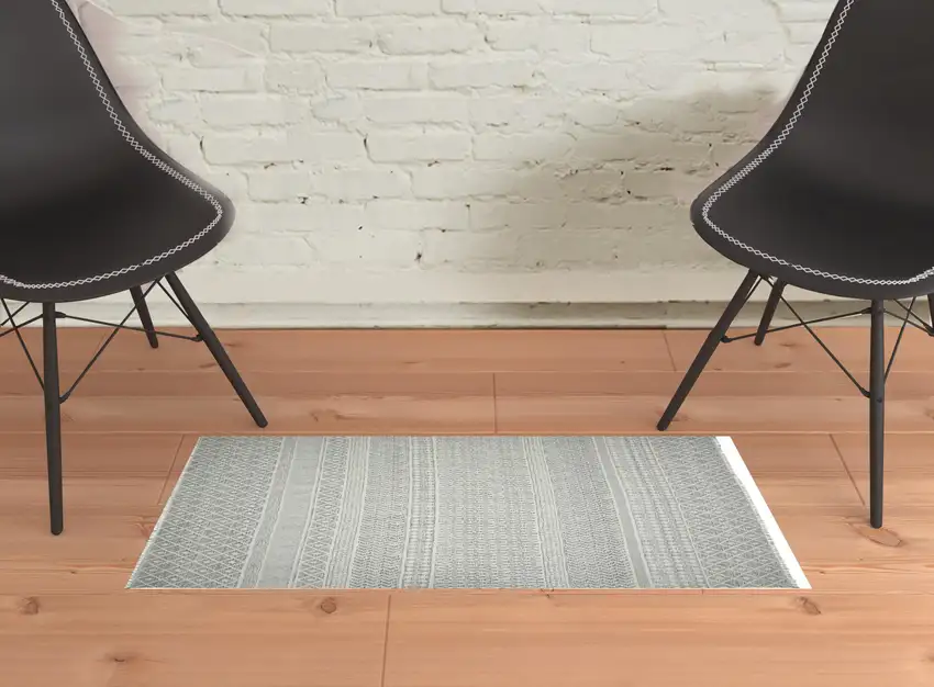 Gray and Ivory Geometric Flatweave Handmade Distressed Area Rug with Fringe Photo 2
