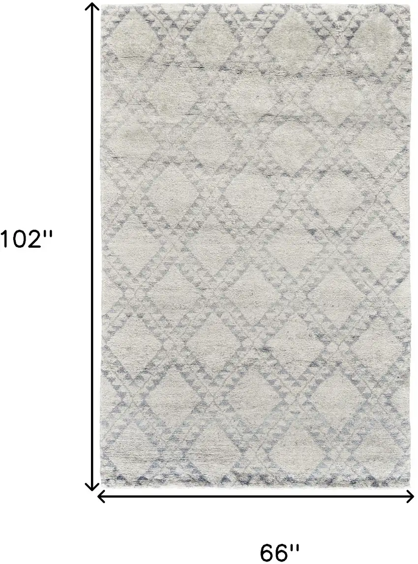 Gray and Ivory Geometric Hand Knotted Worn Faded Area Rug Photo 3