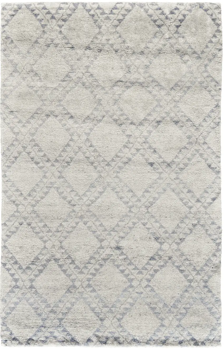 Gray and Ivory Geometric Hand Knotted Worn Faded Area Rug Photo 2