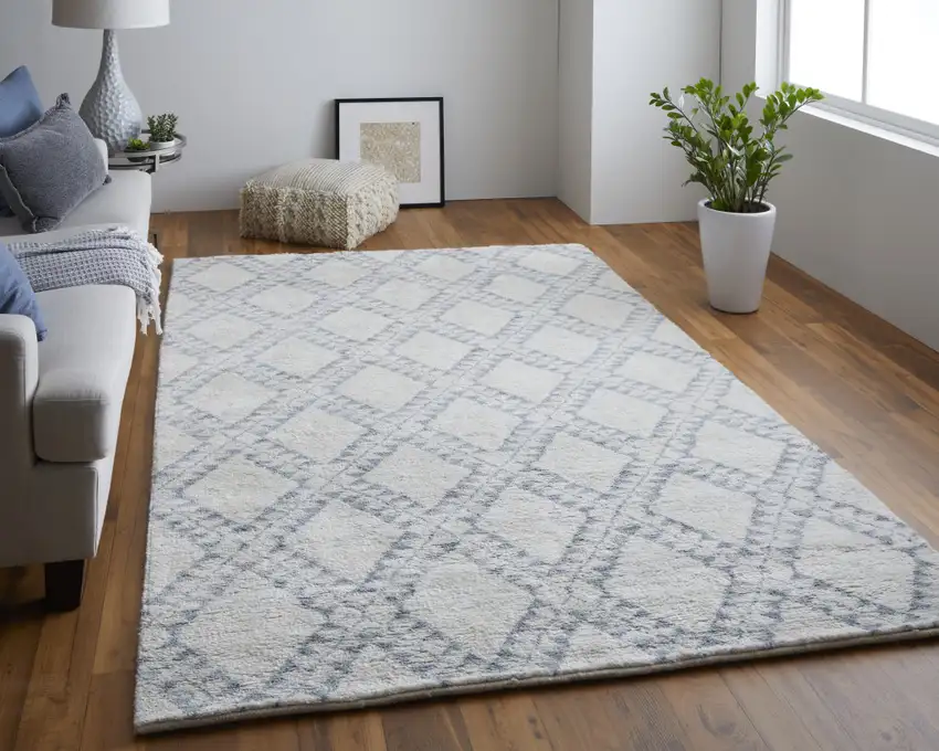 Gray and Ivory Geometric Hand Knotted Worn Faded Area Rug Photo 5