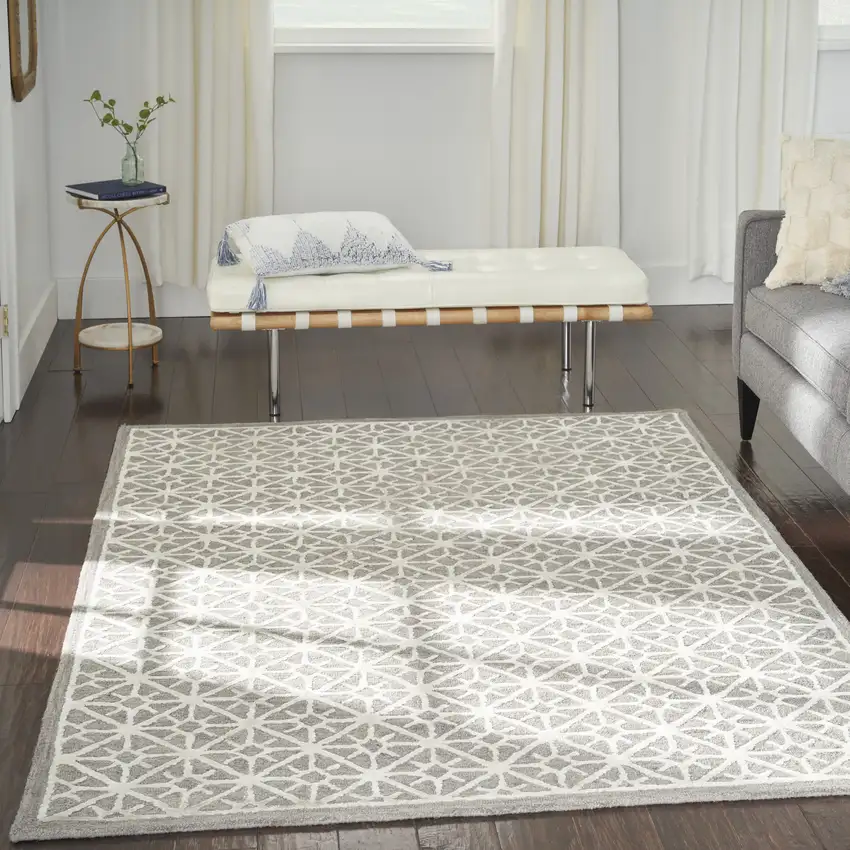 Gray and Ivory Geometric Hand Tufted Area Rug Photo 5