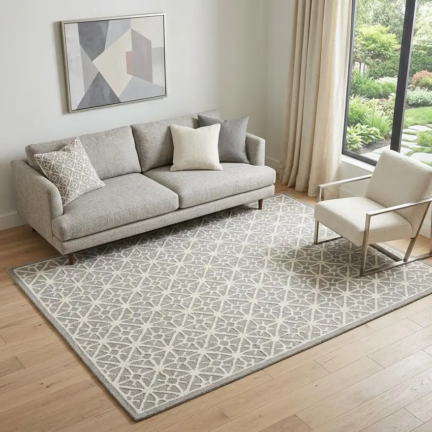 5' X 7' Gray and Ivory Geometric Hand Tufted Area Rug Photo 1