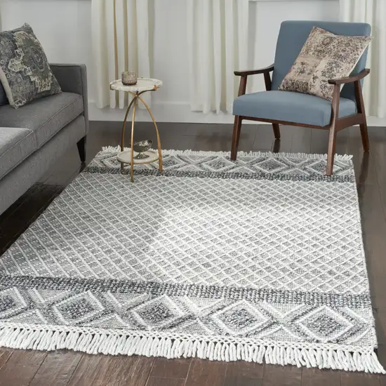 Gray and Ivory Geometric Hand Woven Area Rug With Fringe Photo 5