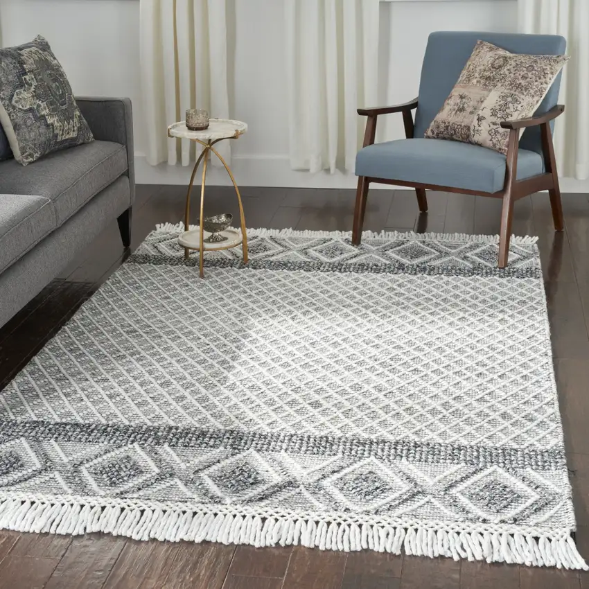 Gray and Ivory Geometric Hand Woven Area Rug With Fringe Photo 5