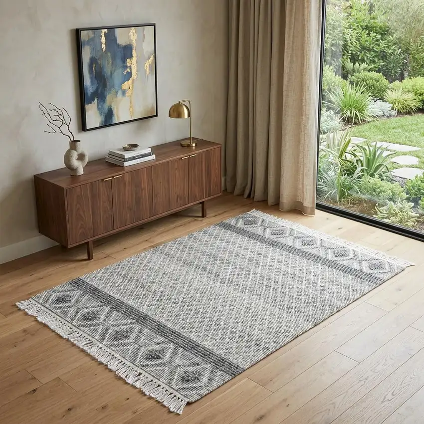 Gray and Ivory Geometric Hand Woven Area Rug With Fringe Photo 1
