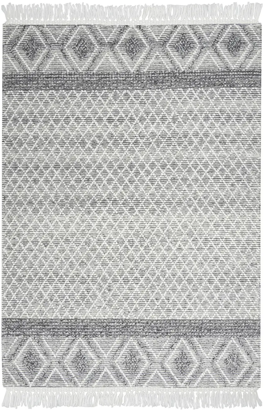 Gray and Ivory Geometric Hand Woven Area Rug With Fringe Photo 7
