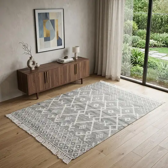 Gray and Ivory Geometric Hand Woven Area Rug With Fringe Photo 1