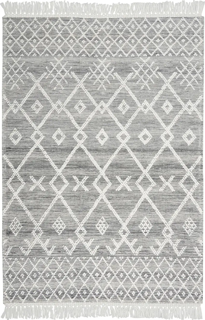Gray and Ivory Geometric Hand Woven Area Rug With Fringe Photo 4
