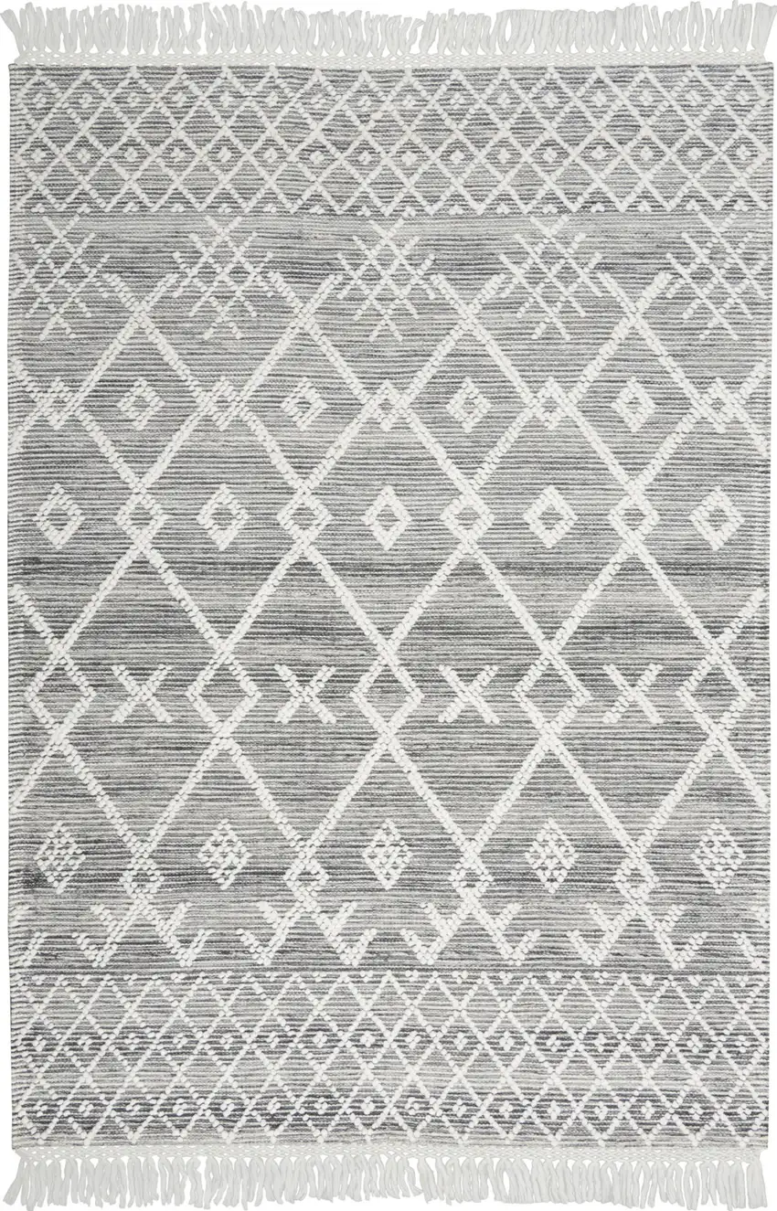 Gray and Ivory Geometric Hand Woven Area Rug With Fringe Photo 1