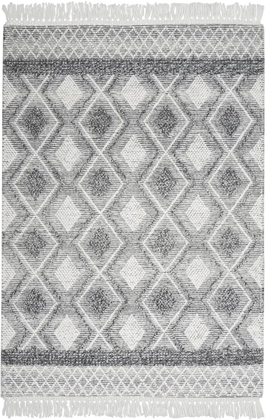 Gray and Ivory Geometric Hand Woven Area Rug With Fringe Photo 2