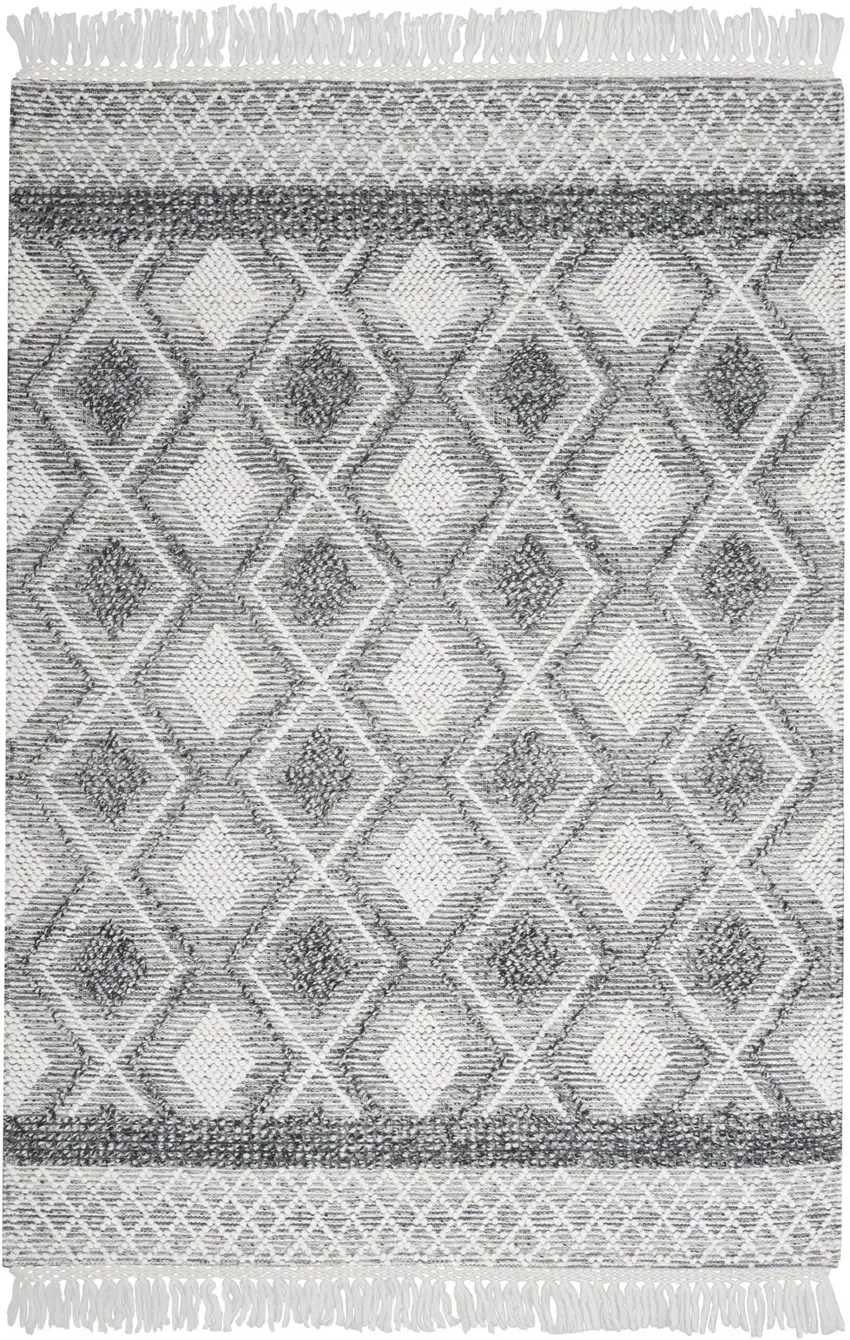 Gray and Ivory Geometric Hand Woven Area Rug With Fringe Photo 1