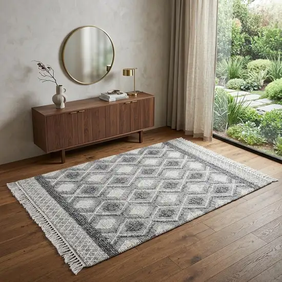 Gray and Ivory Geometric Hand Woven Area Rug With Fringe Photo 1