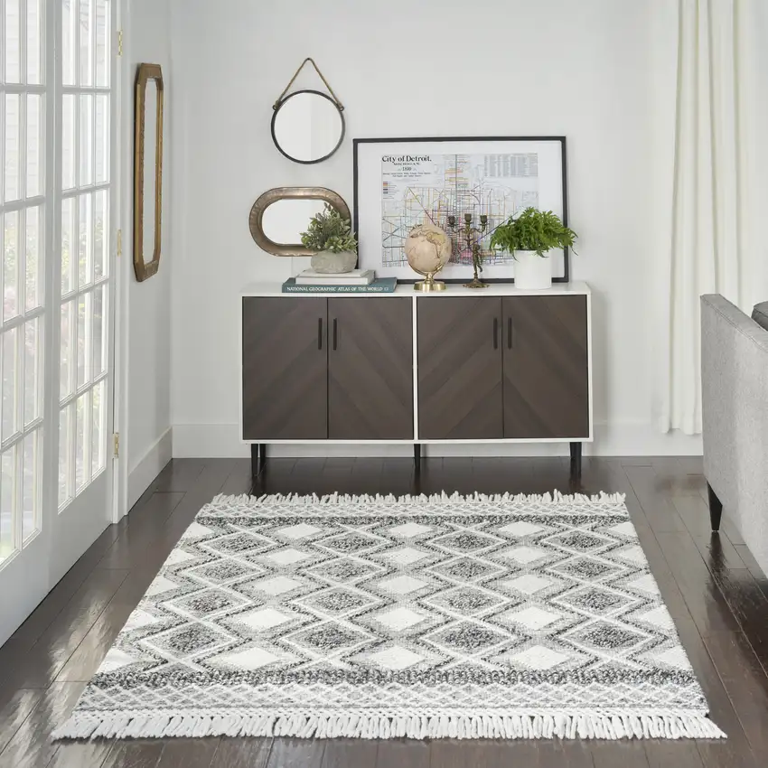 Gray and Ivory Geometric Hand Woven Area Rug With Fringe Photo 6