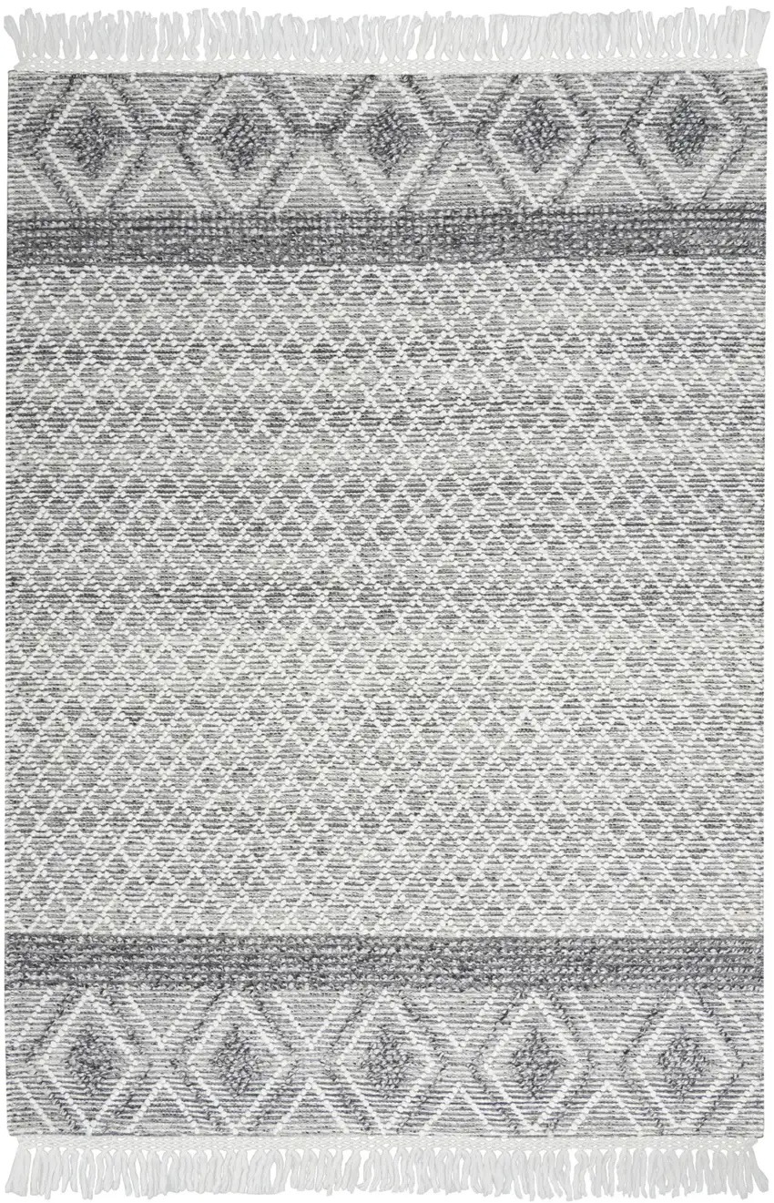 Gray and Ivory Geometric Hand Woven Area Rug With Fringe Photo 1