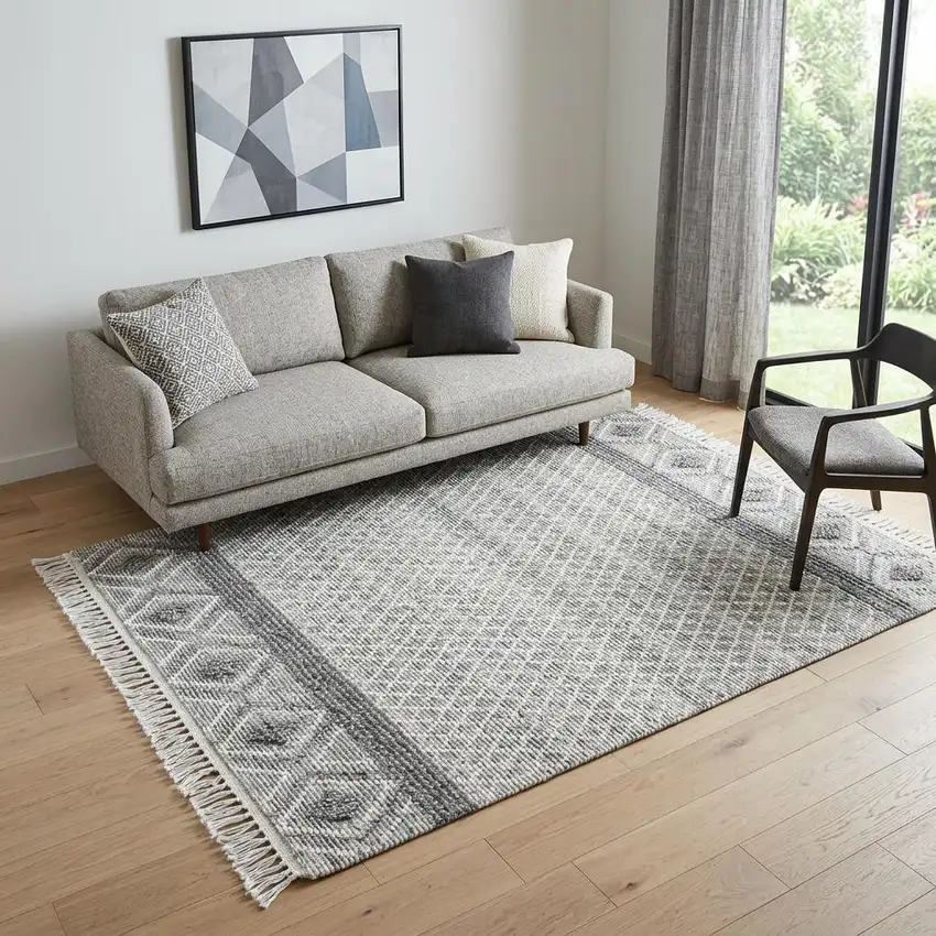 Gray and Ivory Geometric Hand Woven Area Rug With Fringe Photo 1