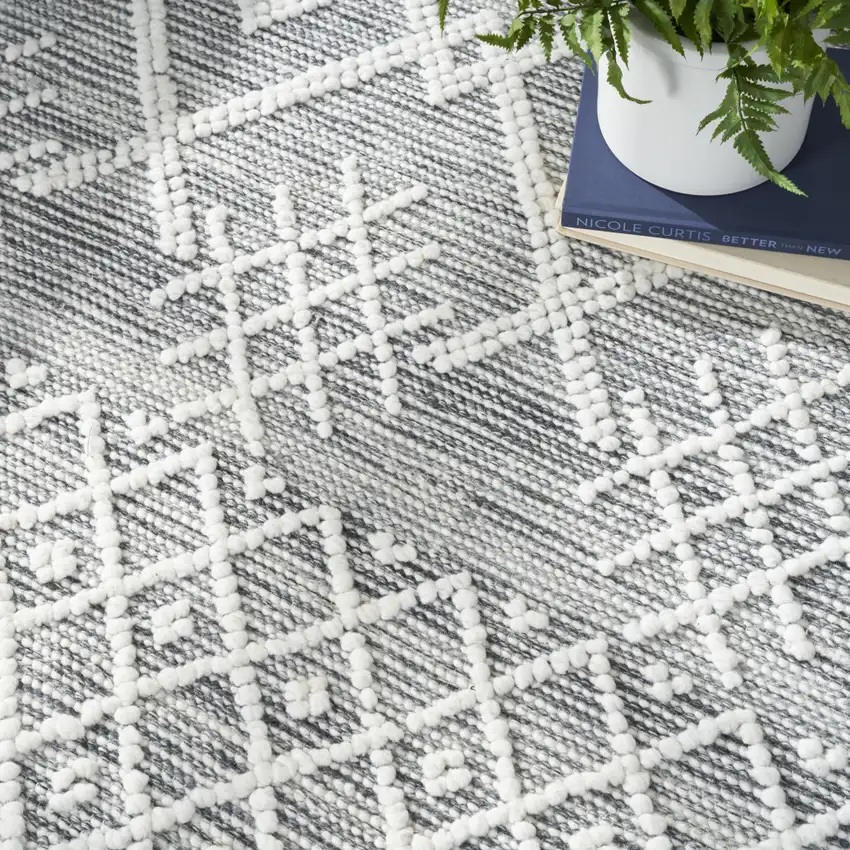 Gray and Ivory Geometric Hand Woven Area Rug With Fringe Photo 9