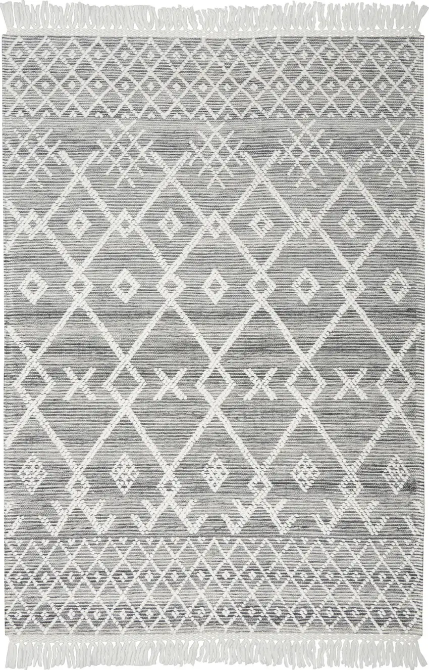 Gray and Ivory Geometric Hand Woven Area Rug With Fringe Photo 3